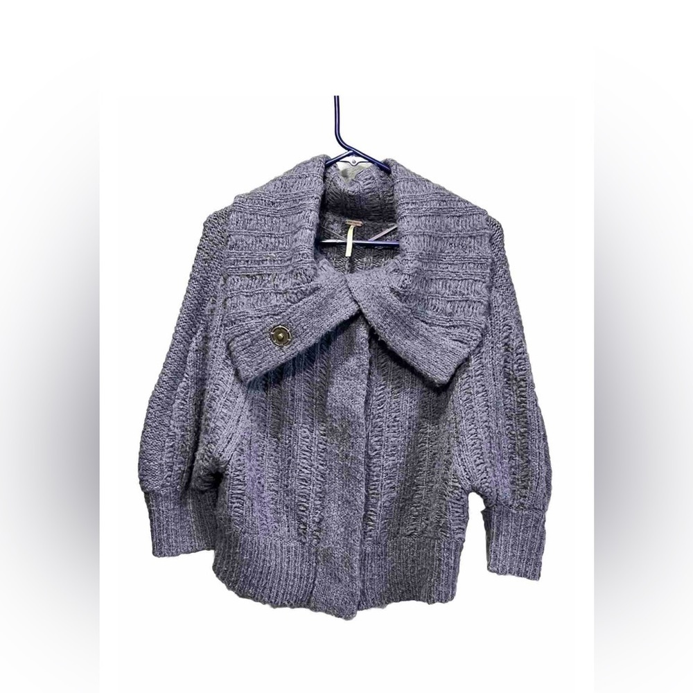 Free People  Cowl Neck Snap Wool Blend Chunky Purple Sweater Cardigan Size SP